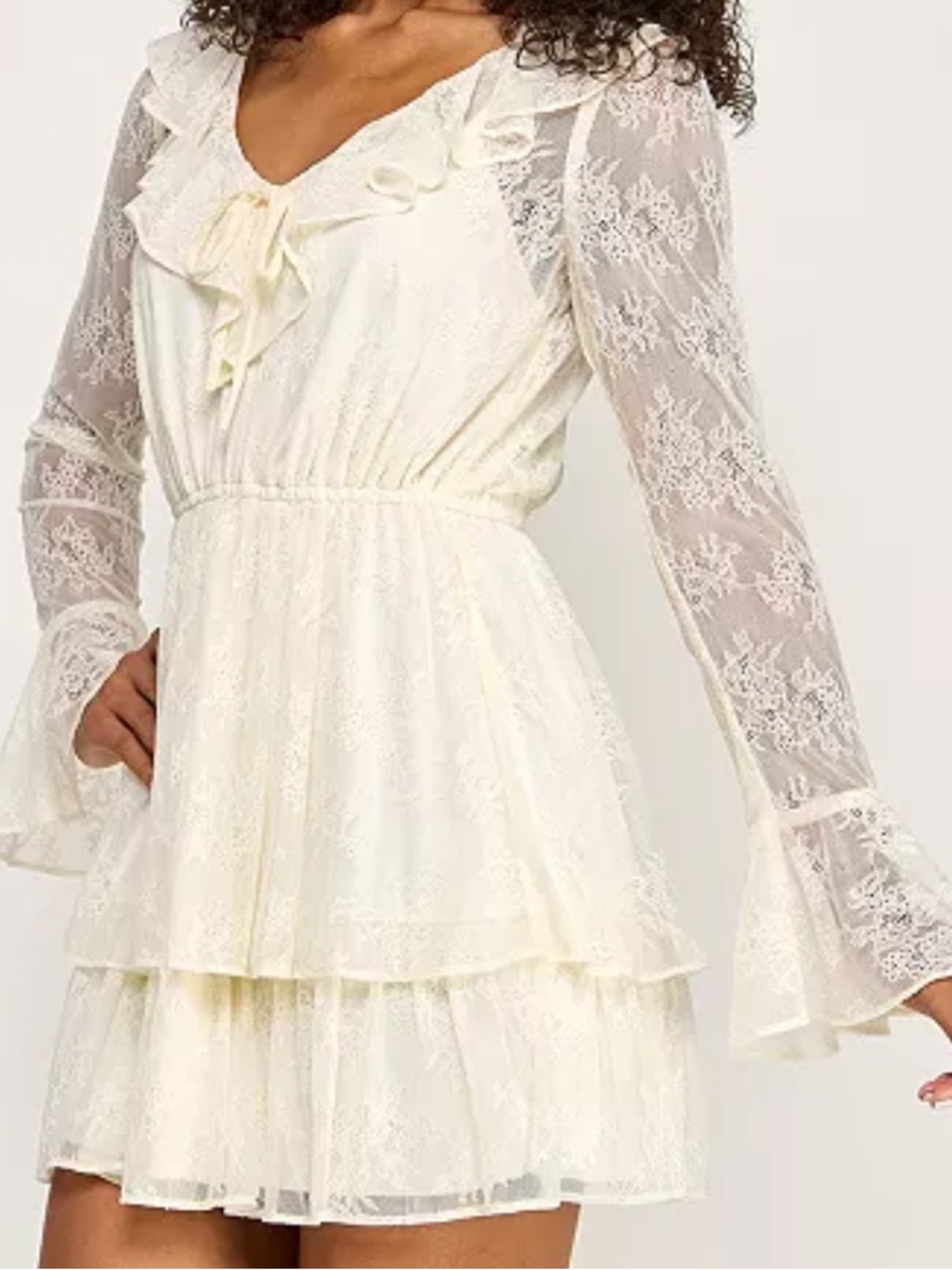 Ivory Lace Tiered Long-Sleeve Mini Dress